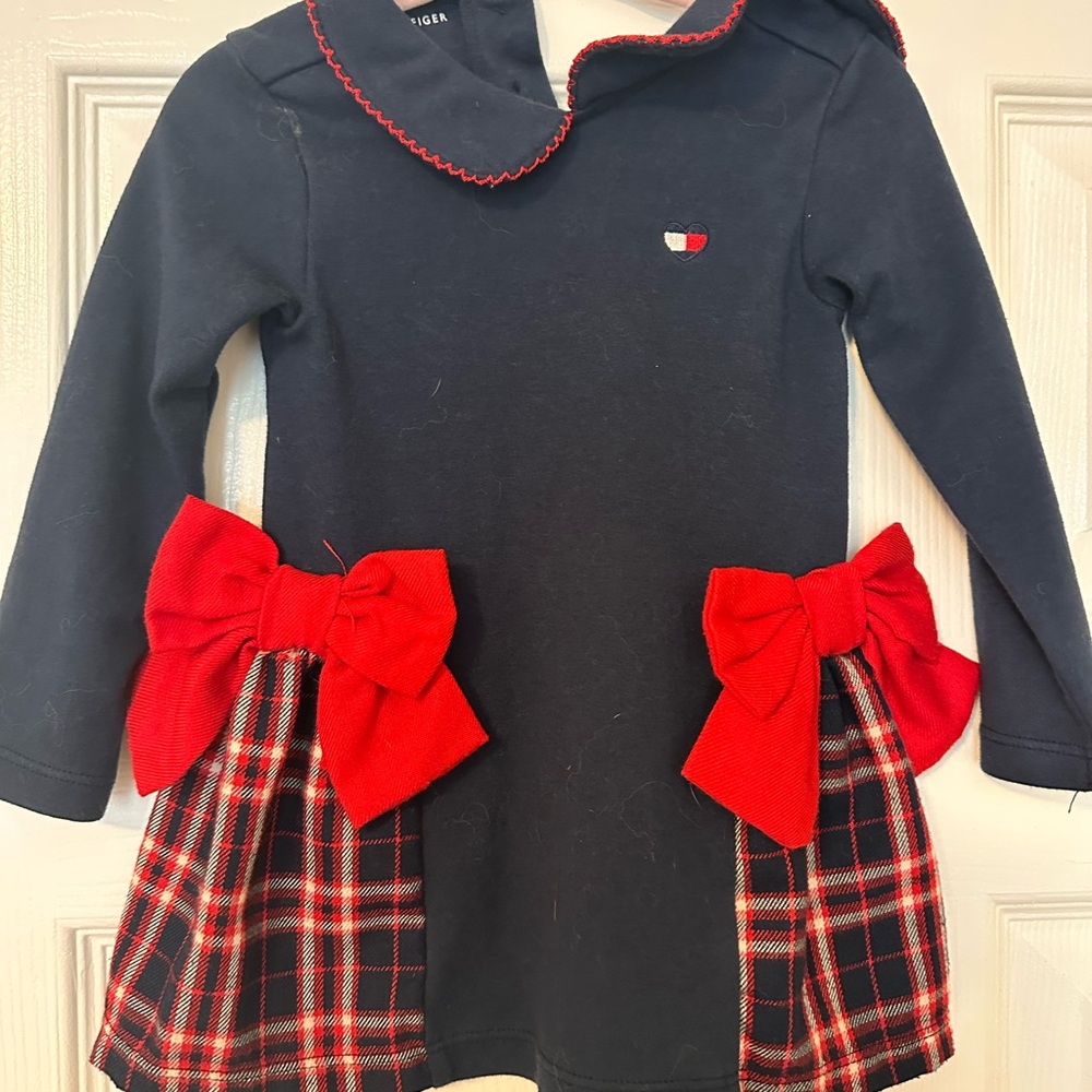 Tommy Hilfiger Navy Dress with Red Bows & Plaid Panels